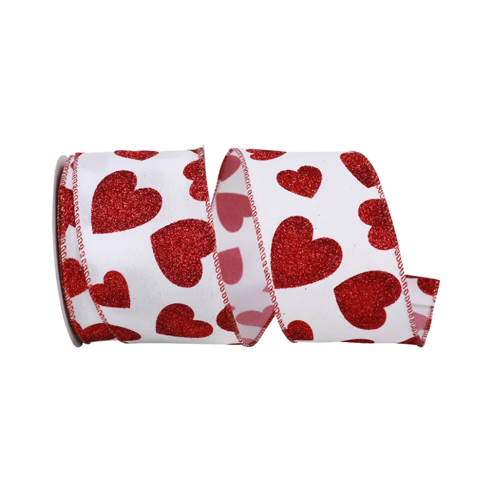 Reliant Ribbon White and Red Glitter Hearts - 2.5"X10YD