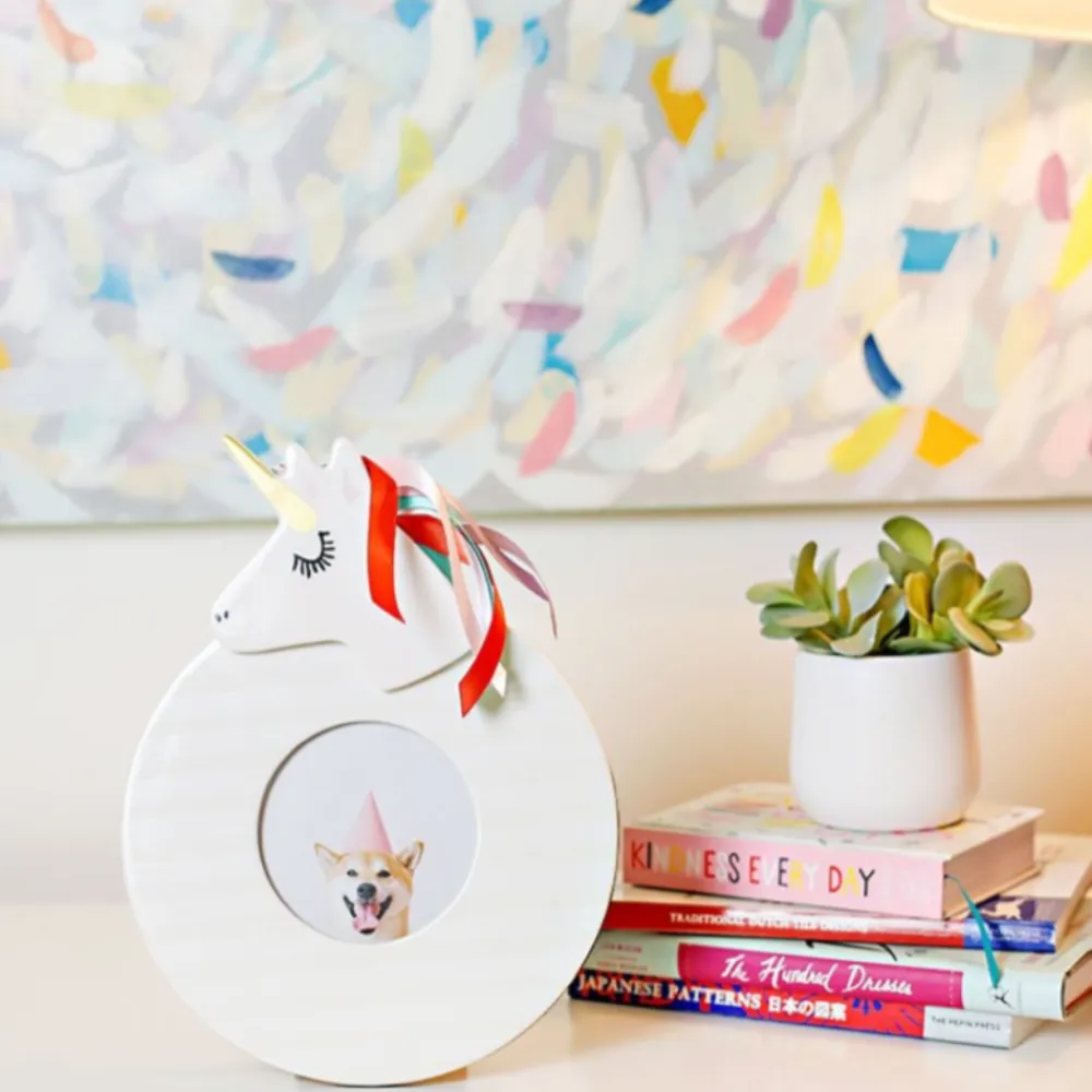 Happy Everything White Stripe Round Frame by !