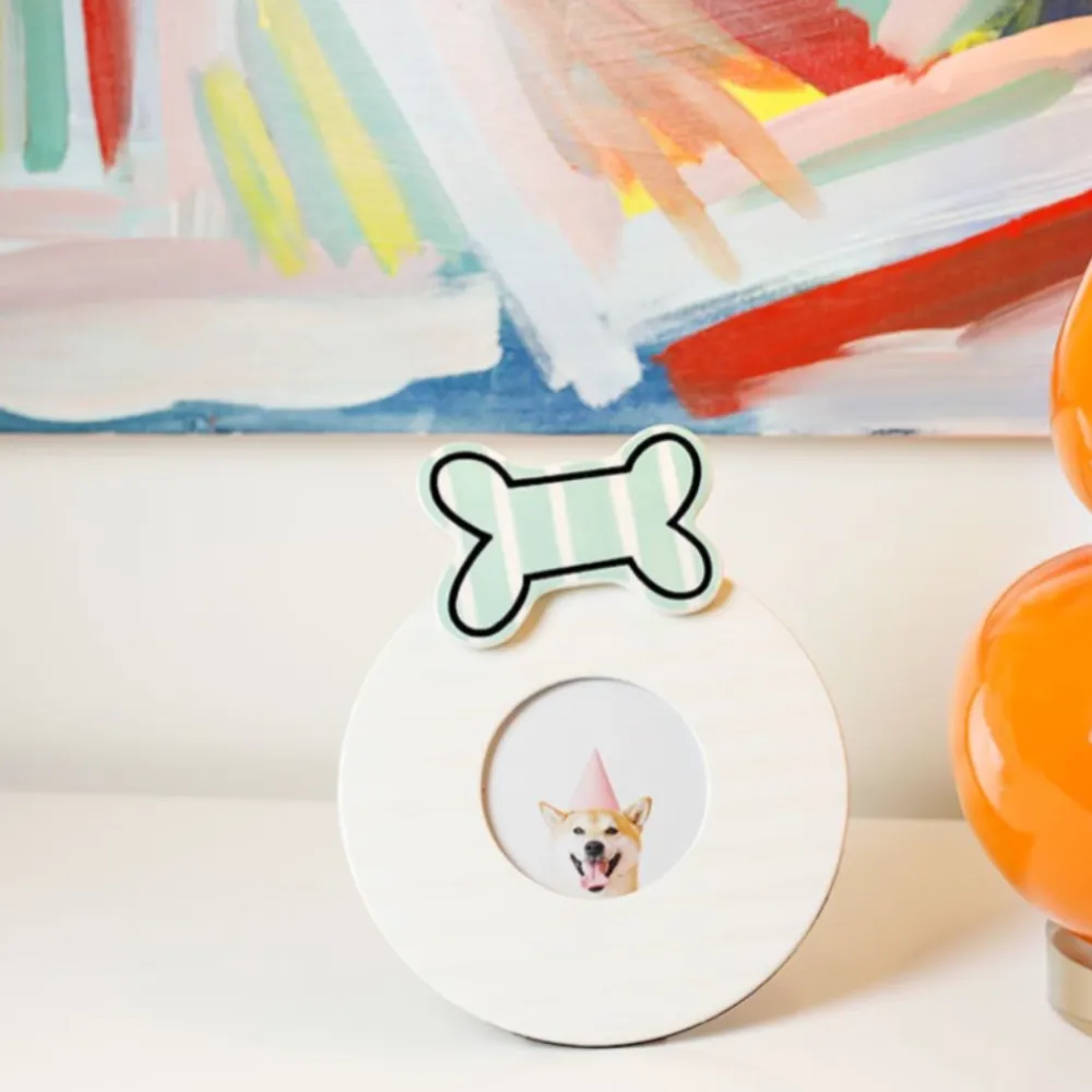 Happy Everything White Stripe Round Frame by !