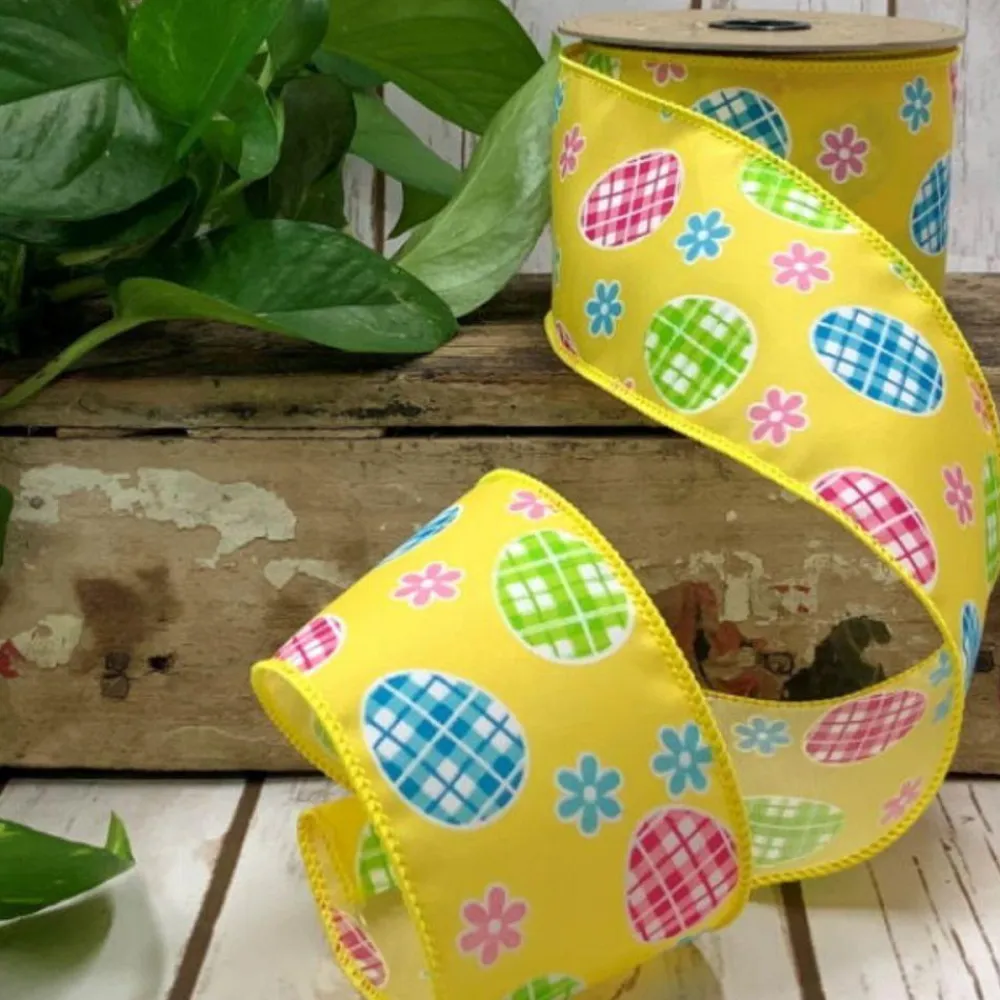 D. Stevens Yellow Easter Egg and Daisy Ribbon, 2.5" X 10YD